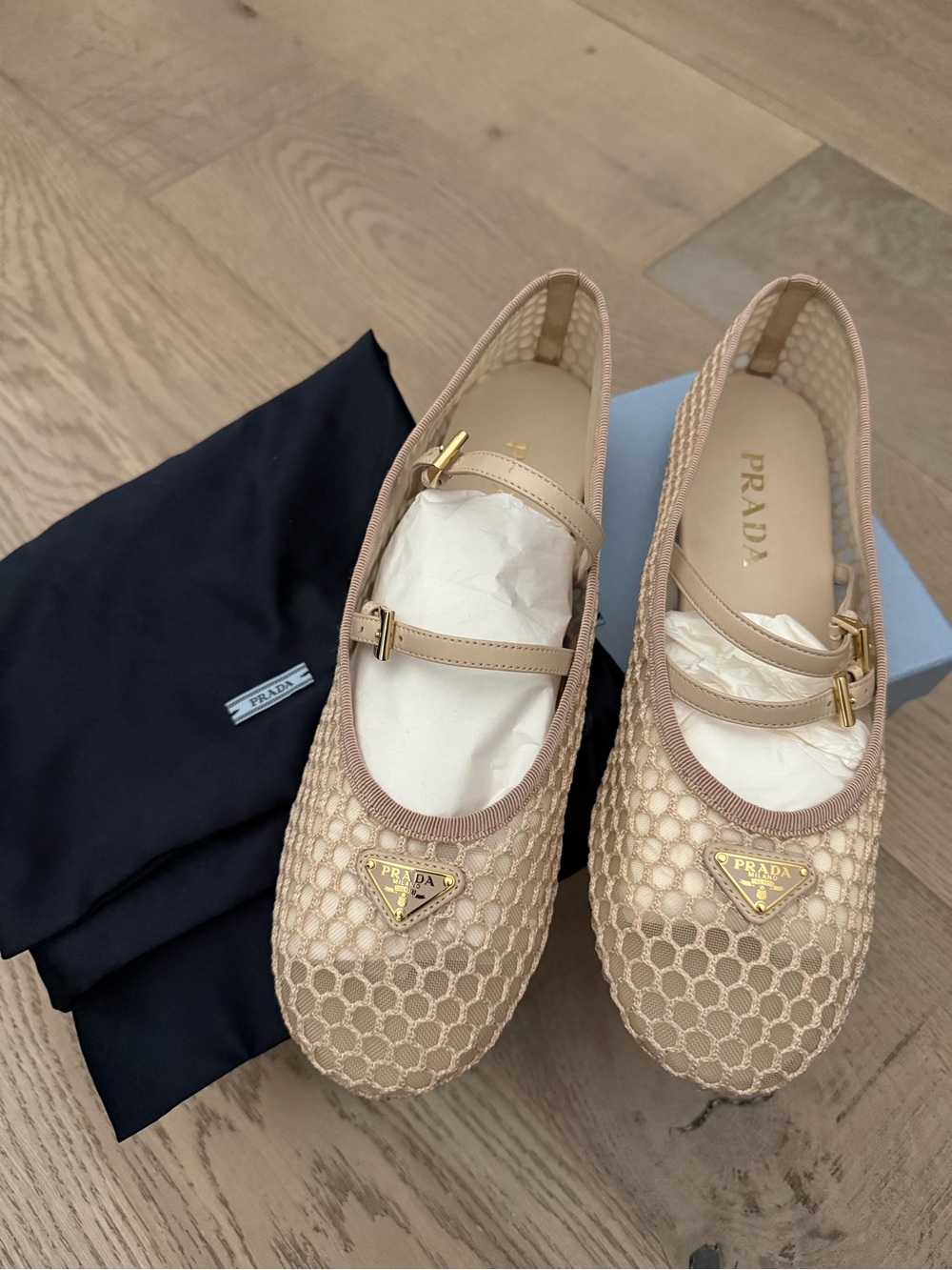 Prada Beige Mesh Mary Jane Flats with Gold Logo